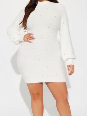 Fashion Nova White Rib-Knit Crystal Embellished Mini Dress